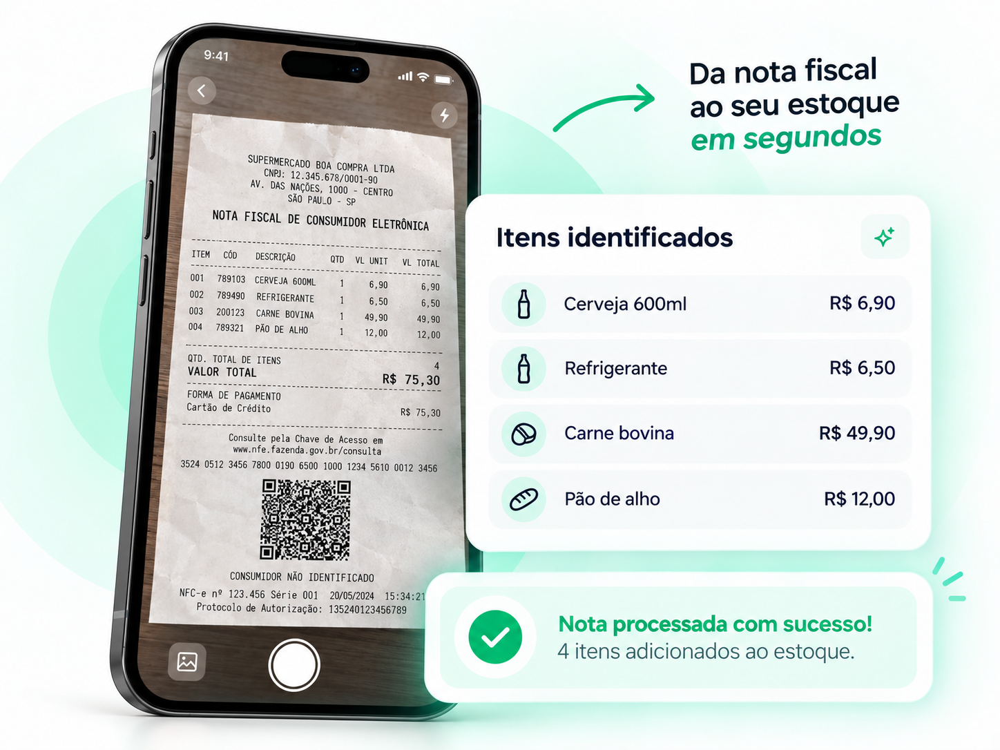 Leitura de uma nota fiscal pelo FechaIZI e conferência dos produtos identificados